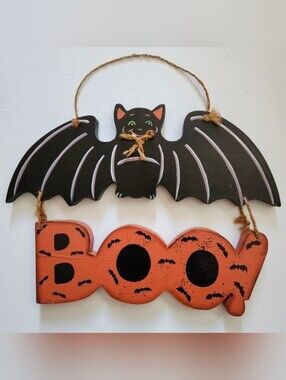 Vintage Wooden 1990s Halloween BOO Bat Hanging Decor